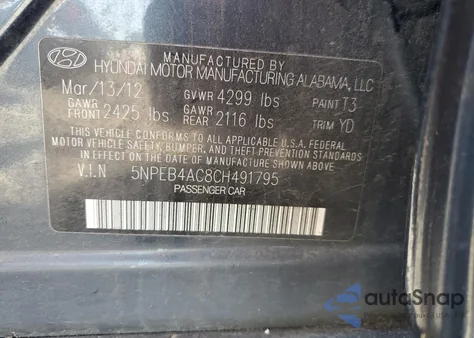 2012 Hyundai Sonata Gls из США, поврежденный, VIN 5NPEB4AC8CH491795